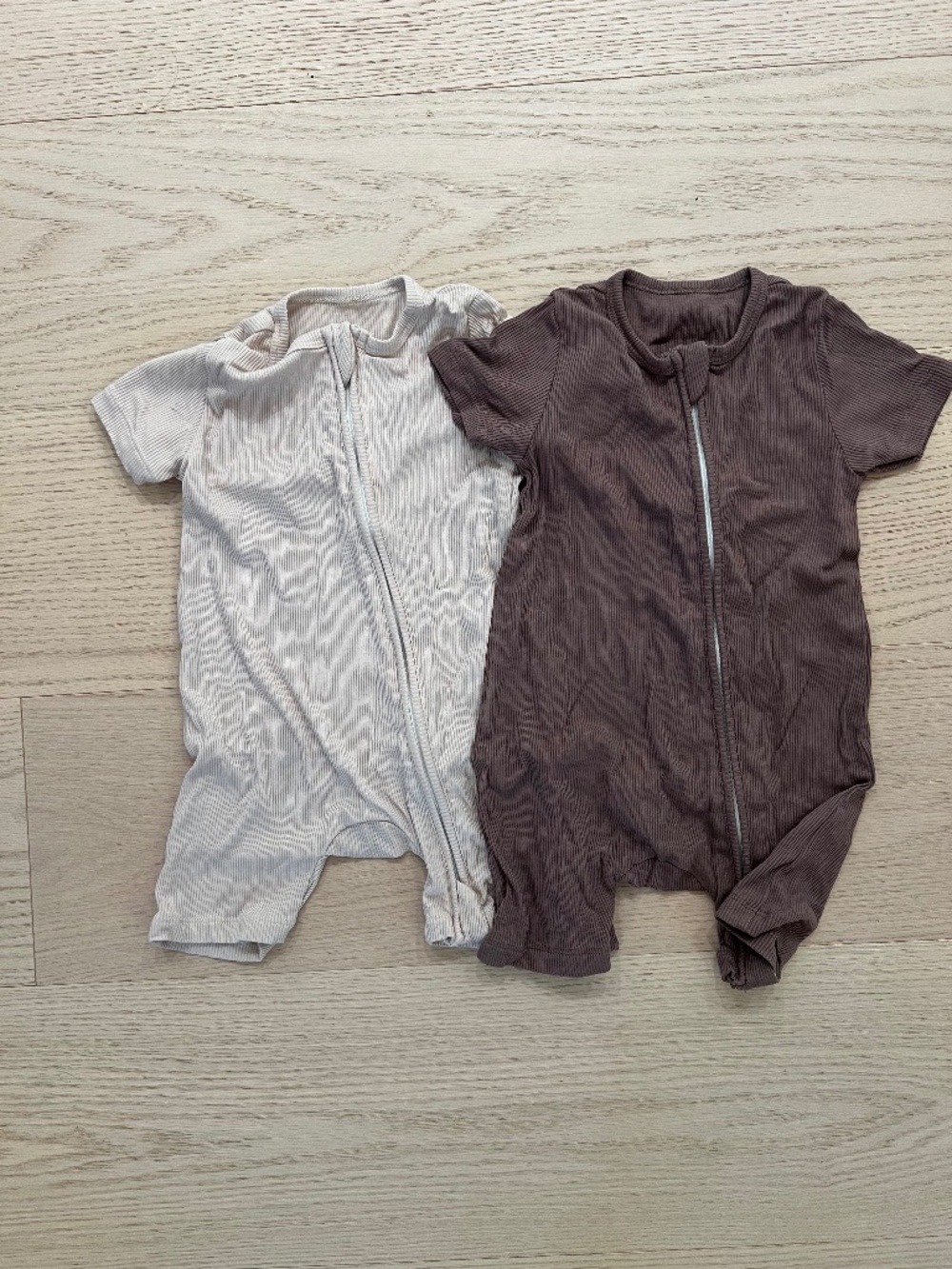 Baby Ribbed Zip Rompers – 2 Pack – Size 6–9M – Neutral Colours